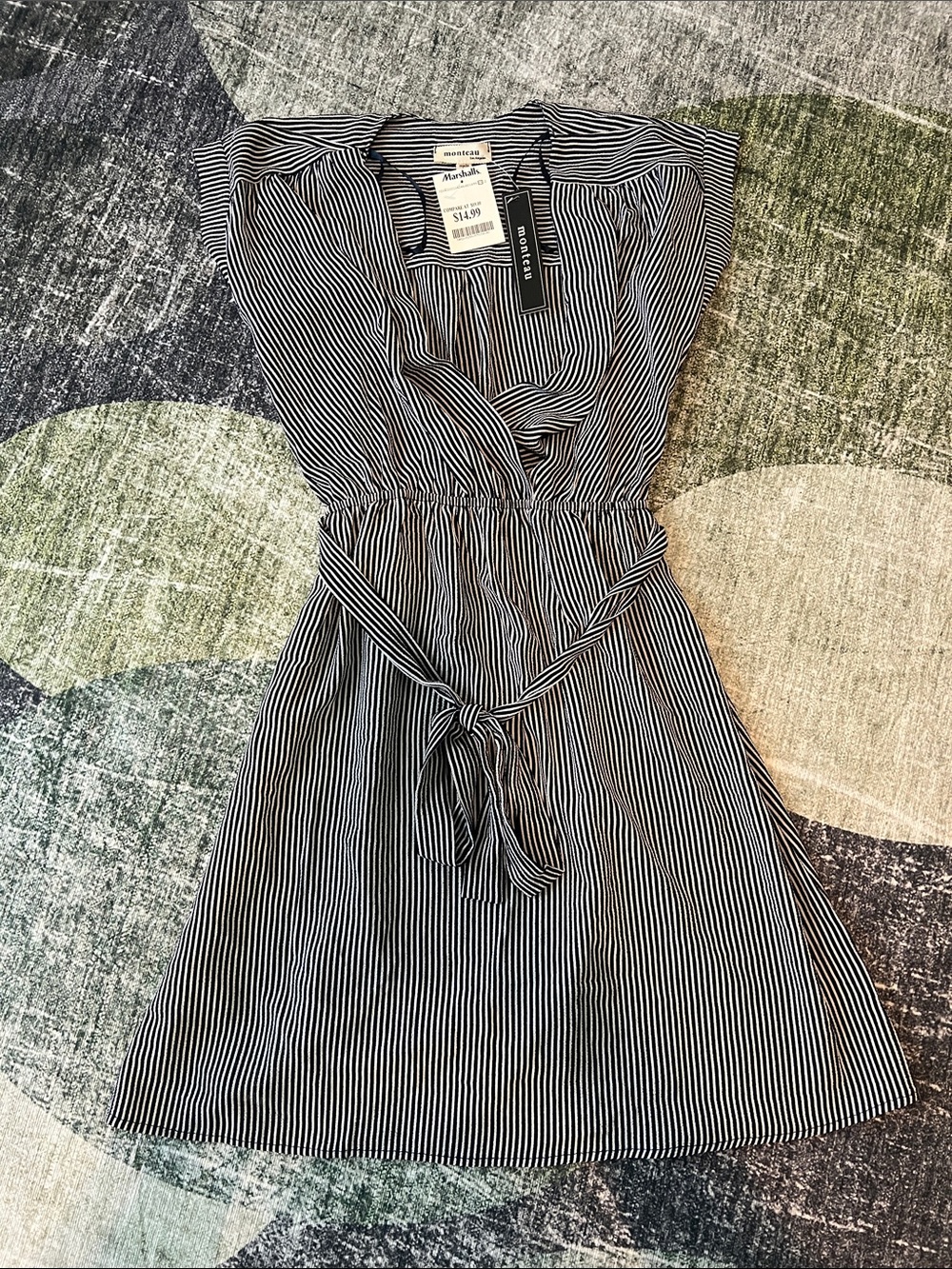 Marshalls Black & White Vertical Stripe Tie-Waist Mini Dress